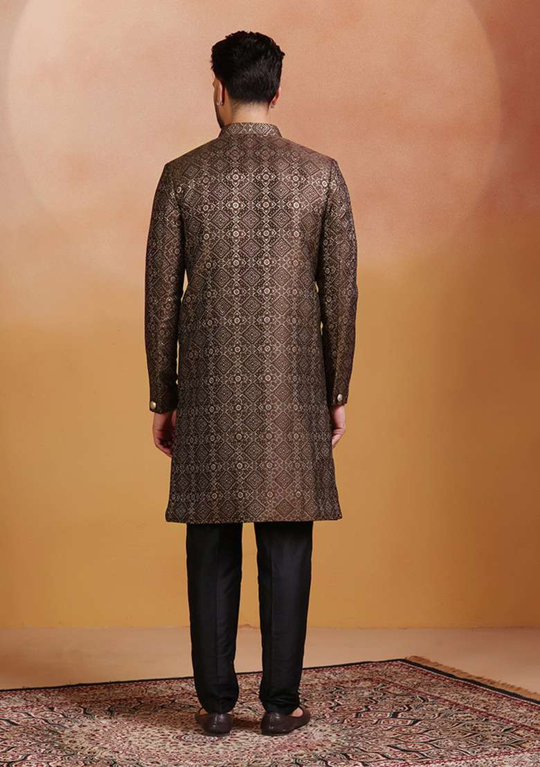 Brown Embroidery Jacquard Sherwani Set For Men - Indya