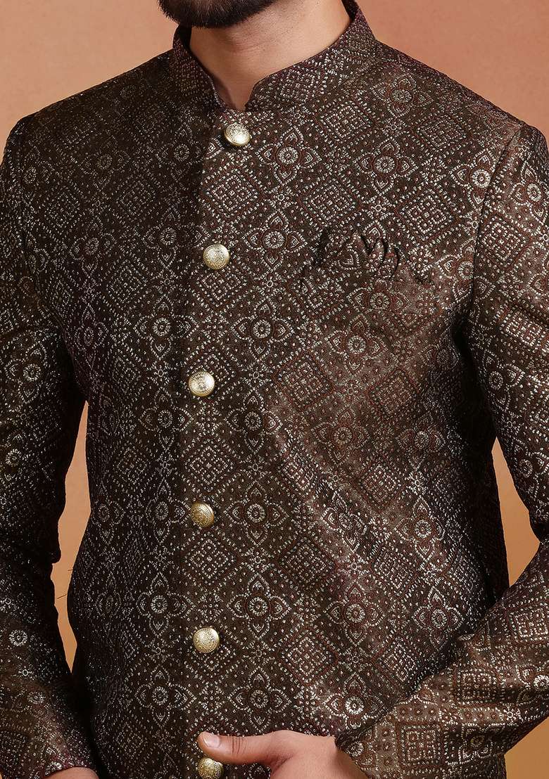 Brown Embroidery Jacquard Sherwani Set For Men - Indya