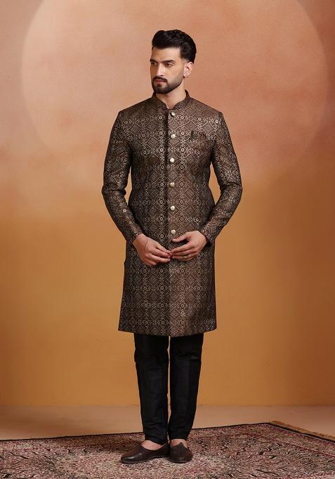 Brown Embroidery Jacquard Sherwani Set For Men