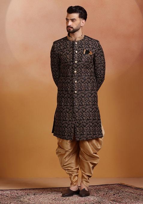 Black Embroidery Jacquard Sherwani Set For Men