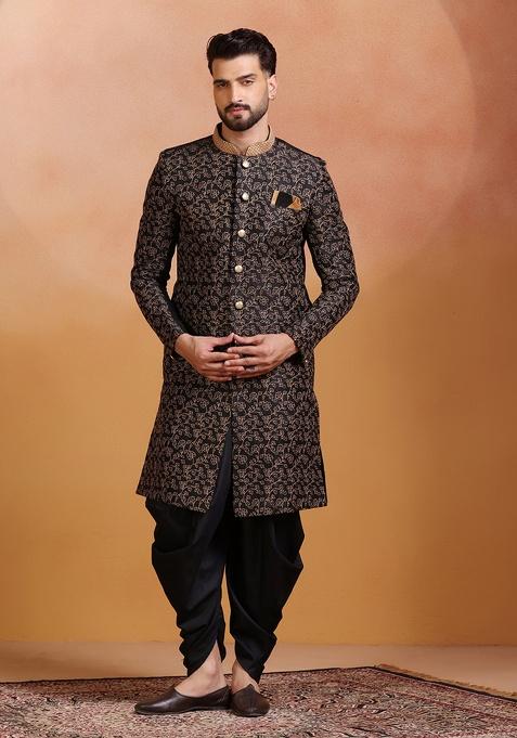 Black Embroidery Jacquard Sherwani Set For Men