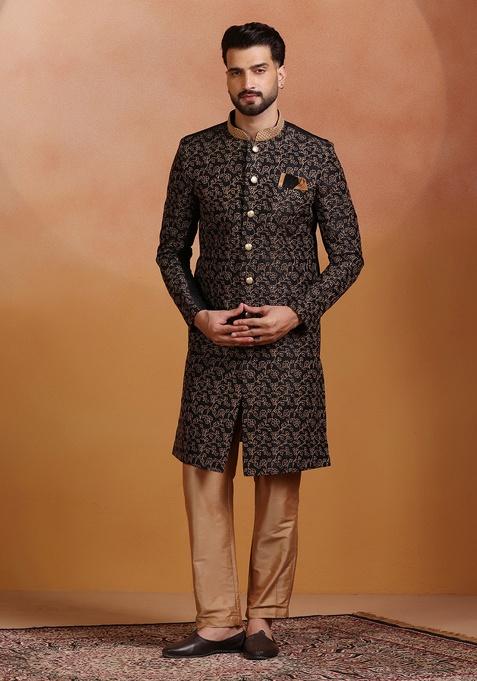 Black Embroidery Jacquard Sherwani Set For Men