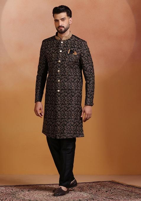Black Embroidery Jacquard Sherwani Set For Men