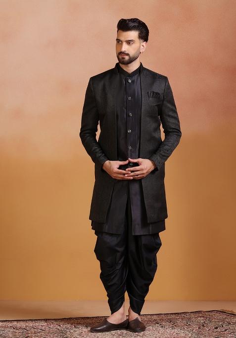 Black Embroidery Jacquard Sherwani Set For Men