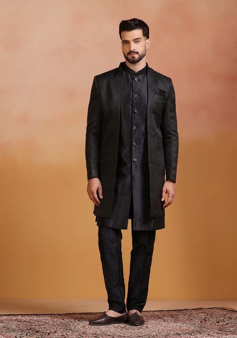 Black Embroidery Jacquard Sherwani Set For Men