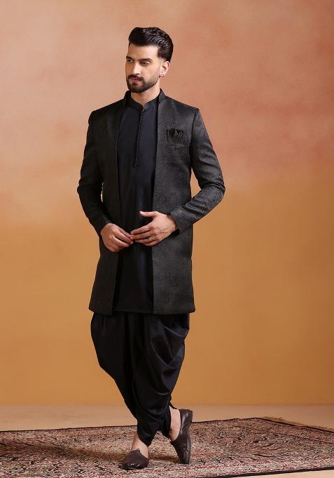 Black Embroidery Jacquard Sherwani Set For Men
