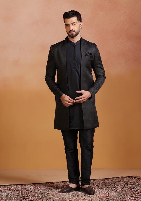 Black Embroidery Jacquard Sherwani Set For Men