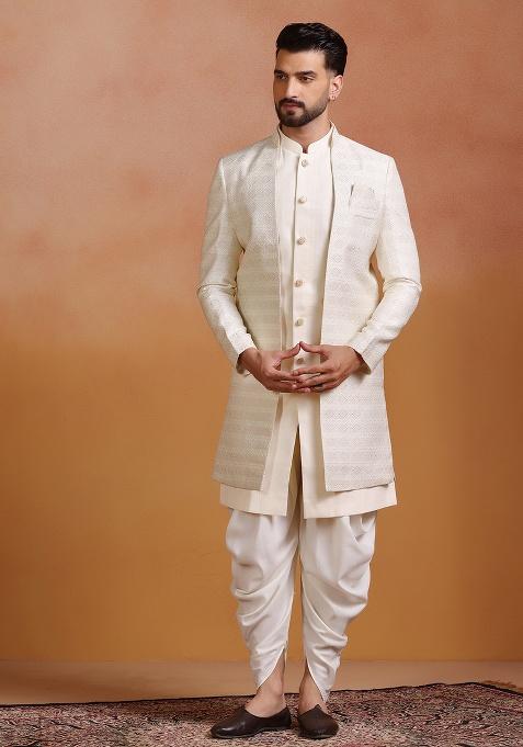 White Embroidery Jacquard Sherwani Set For Men