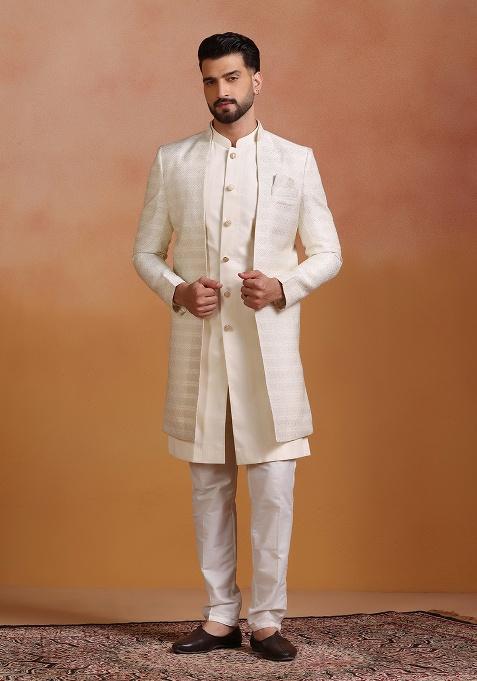 White Embroidery Jacquard Sherwani Set For Men