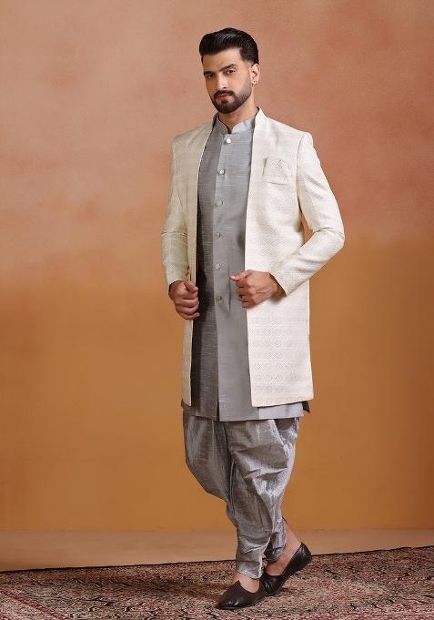 White Embroidery Jacquard Sherwani Set For Men