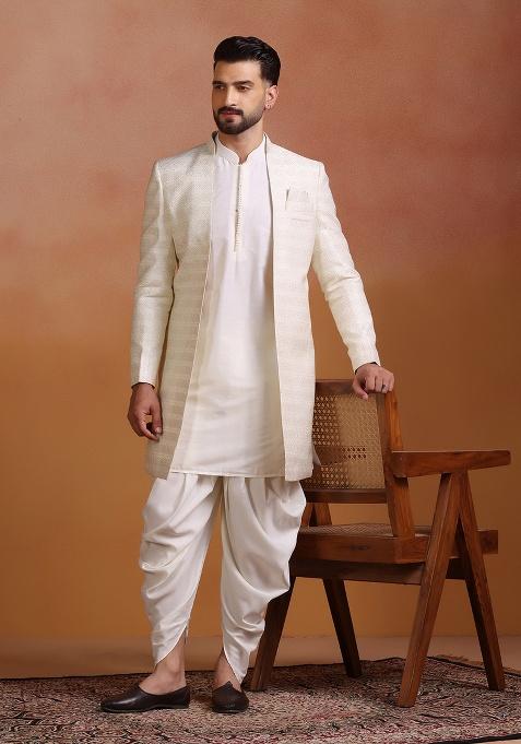White Embroidery Jacquard Sherwani Set For Men