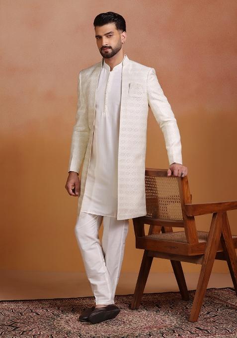 White Embroidery Jacquard Sherwani Set For Men