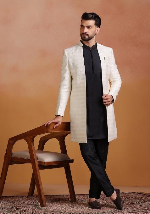 White Embroidery Jacquard Sherwani Set For Men