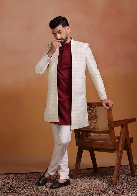 White Embroidery Jacquard Sherwani Set For Men
