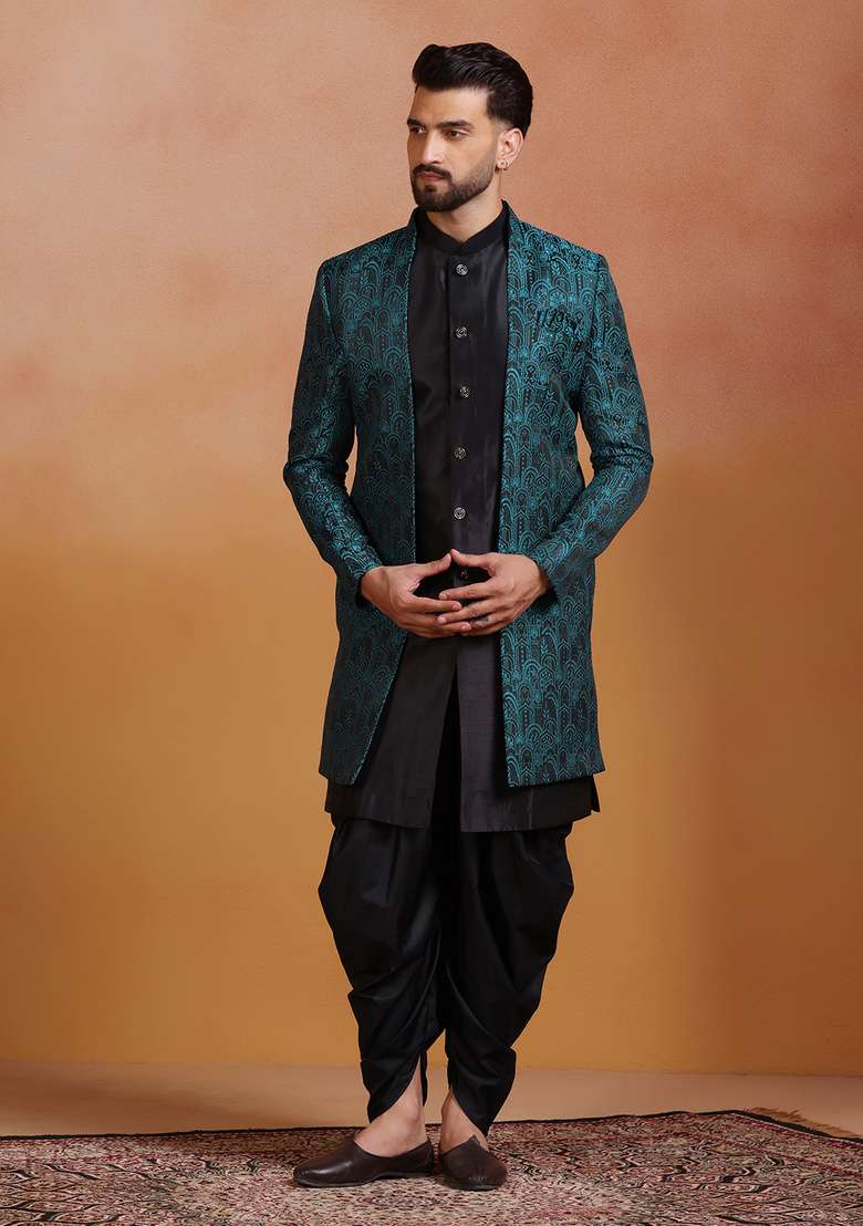Green Embroidery Jacquard Sherwani Set For Men - Indya