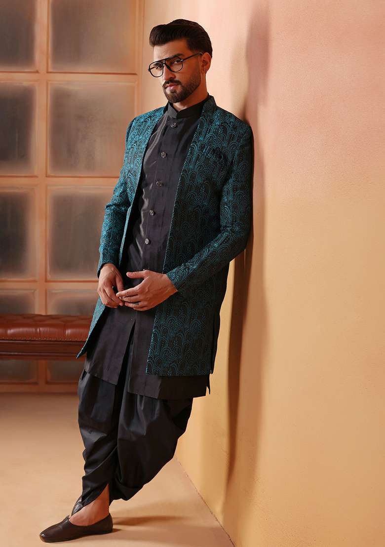 Green Embroidery Jacquard Sherwani Set For Men - Indya