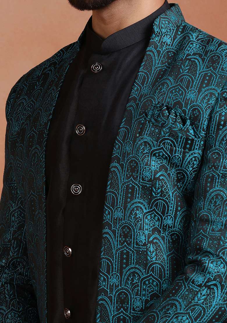 Green Embroidery Jacquard Sherwani Set For Men - Indya