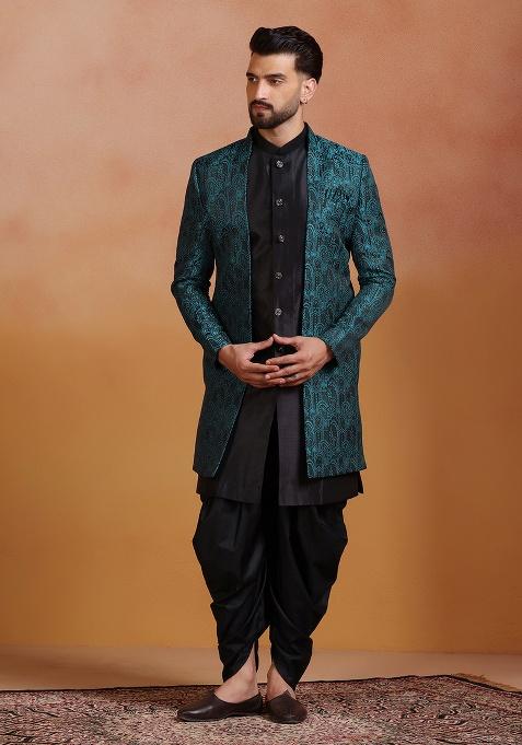 Green Embroidery Jacquard Sherwani Set For Men