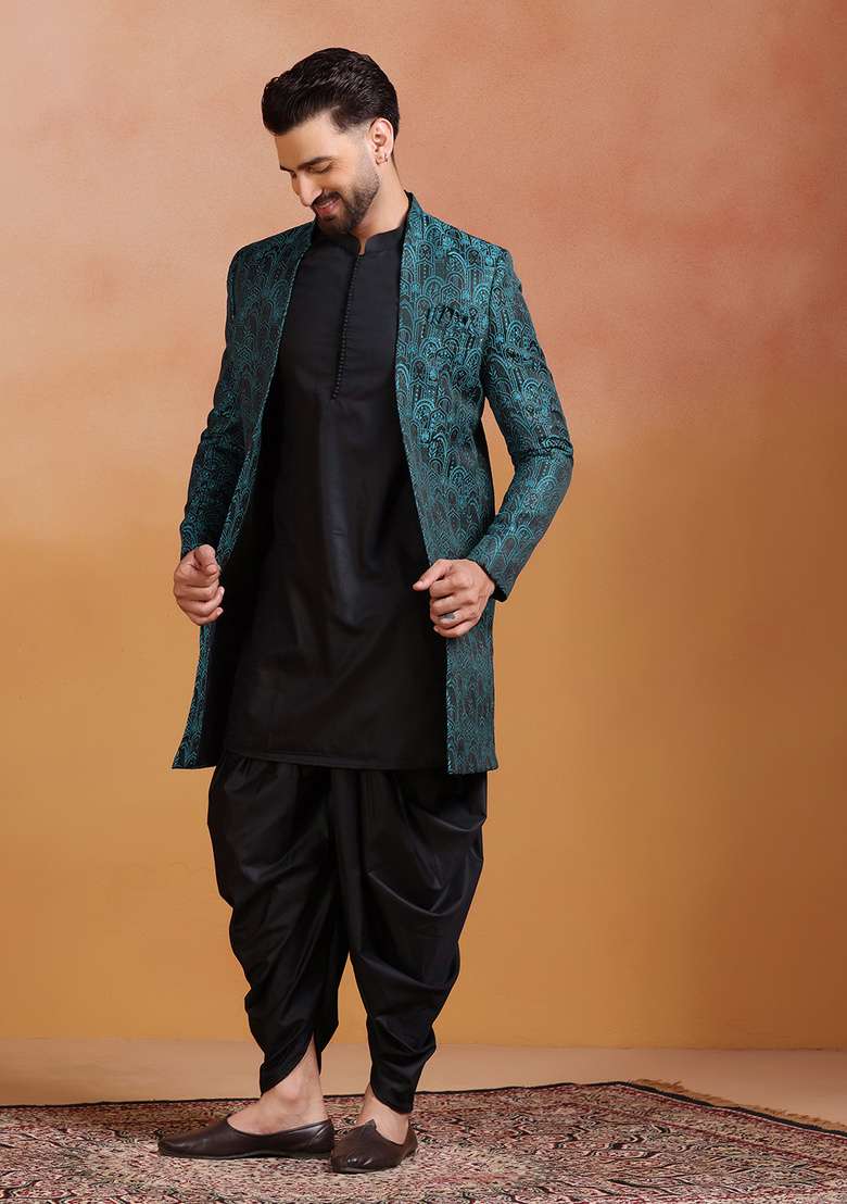 Green Embroidery Jacquard Sherwani Set For Men - Indya