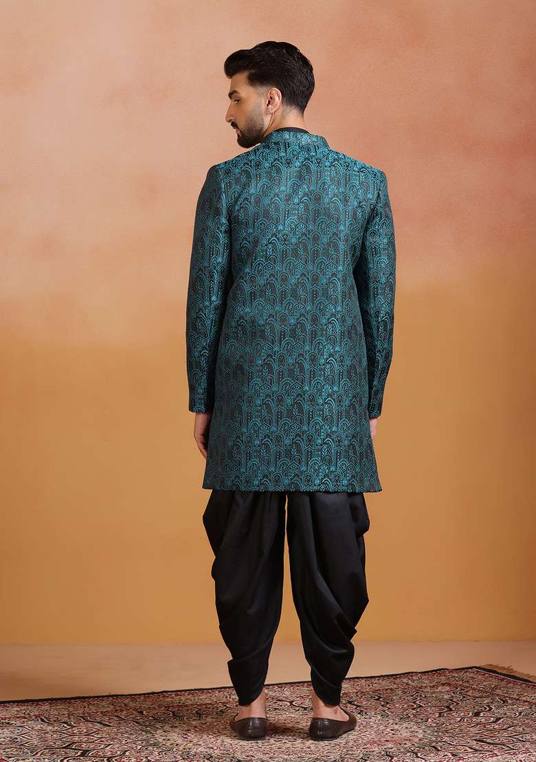 Green Embroidery Jacquard Sherwani Set For Men - Indya