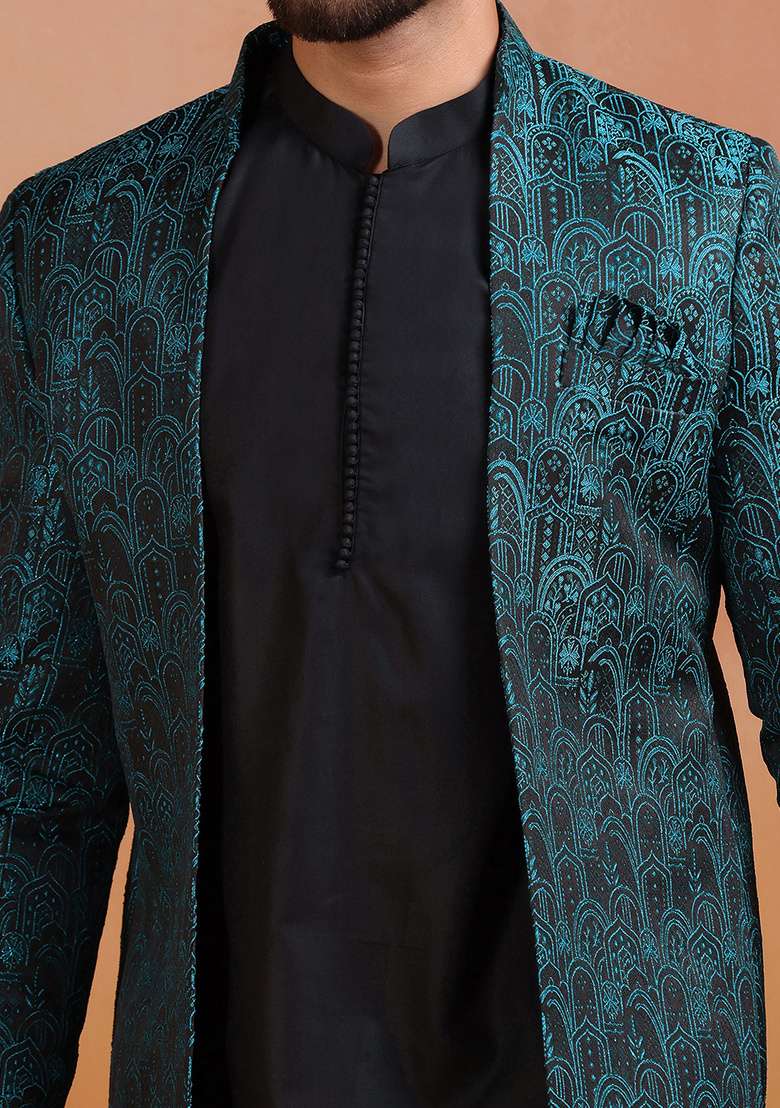 Green Embroidery Jacquard Sherwani Set For Men - Indya