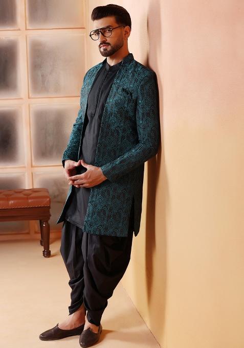 Green Embroidery Jacquard Sherwani Set For Men