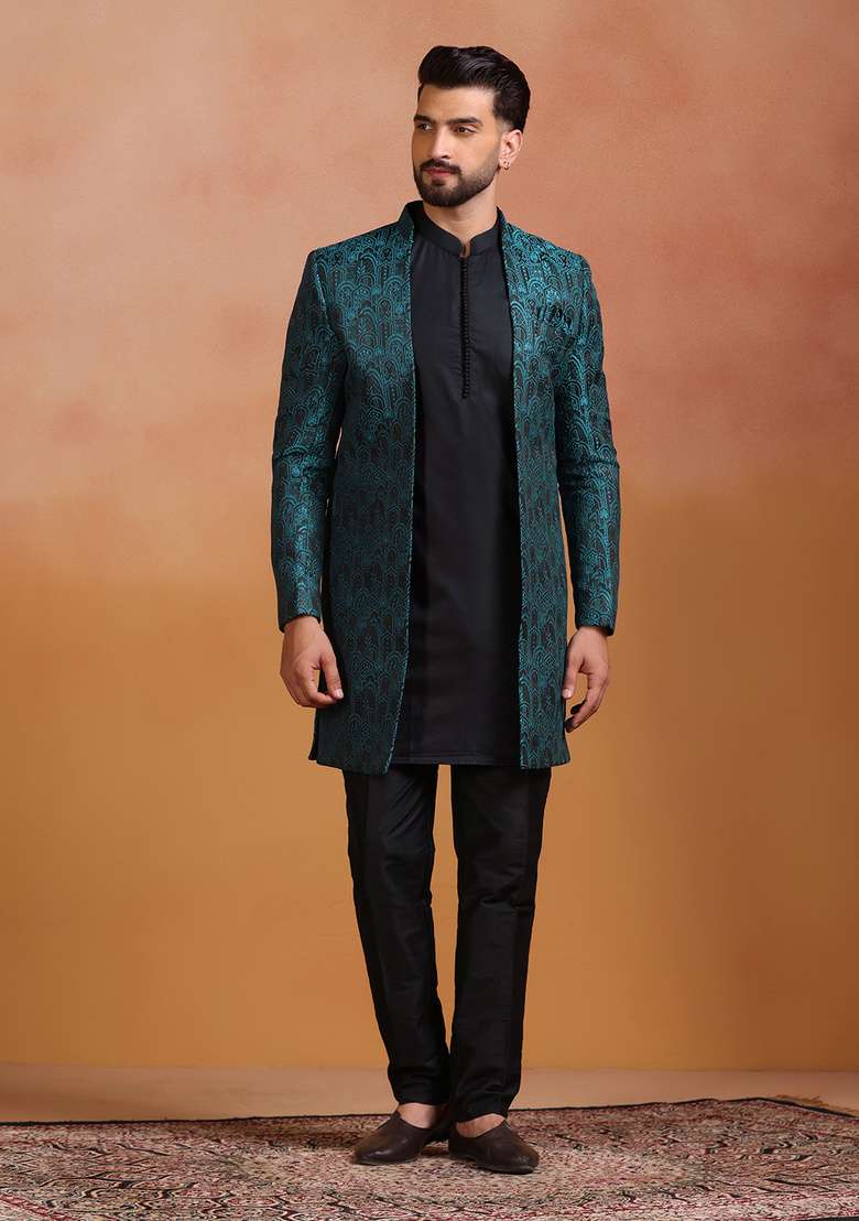 Green Embroidery Jacquard Sherwani Set For Men - Indya