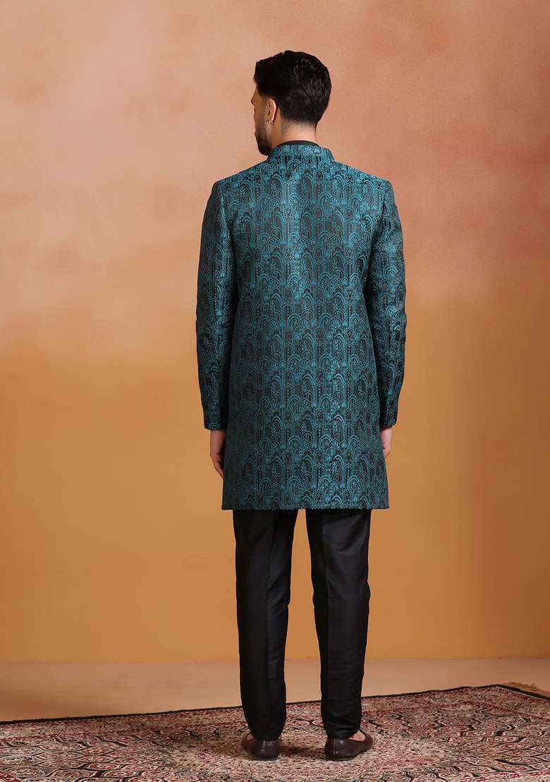 Green Embroidery Jacquard Sherwani Set For Men - Indya