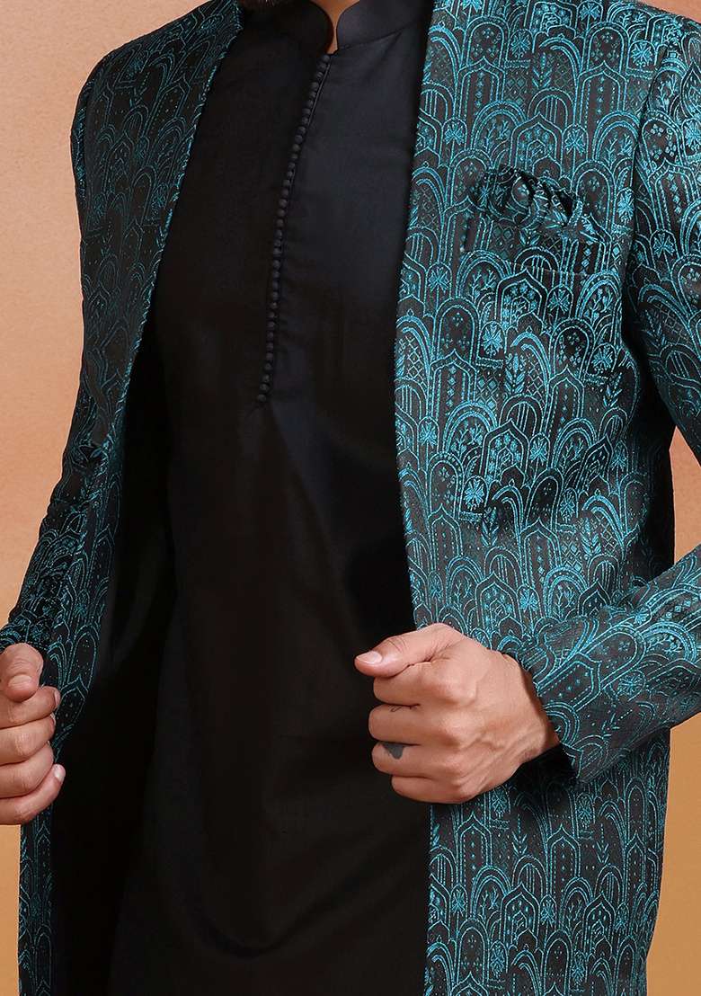 Green Embroidery Jacquard Sherwani Set For Men - Indya