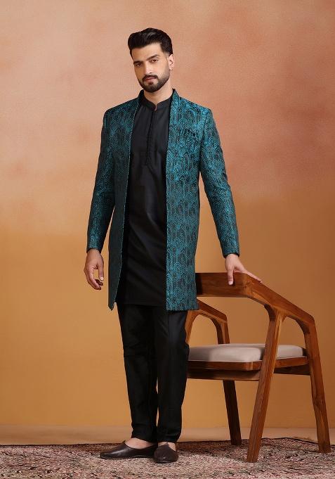 Green Embroidery Jacquard Sherwani Set For Men