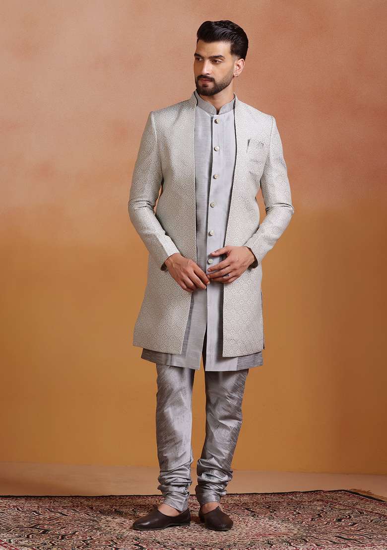 Grey Embroidery Jacquard Sherwani Set For Men - Indya