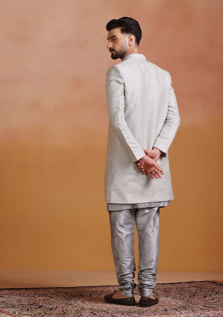 Grey Embroidery Jacquard Sherwani Set For Men - Indya