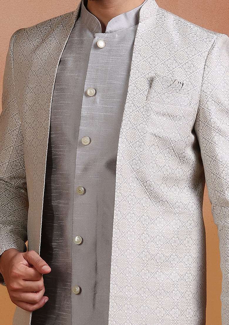 Grey Embroidery Jacquard Sherwani Set For Men - Indya