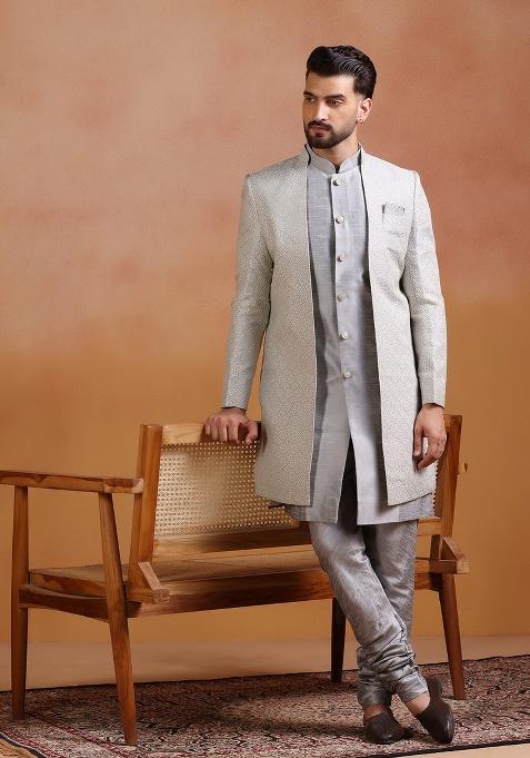 Grey Embroidery Jacquard Sherwani Set For Men