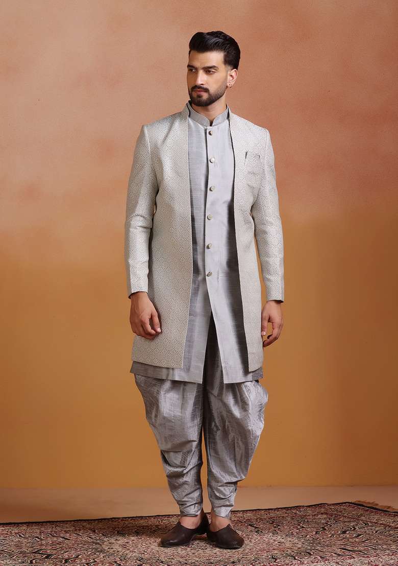 Grey Embroidery Jacquard Sherwani Set For Men - Indya