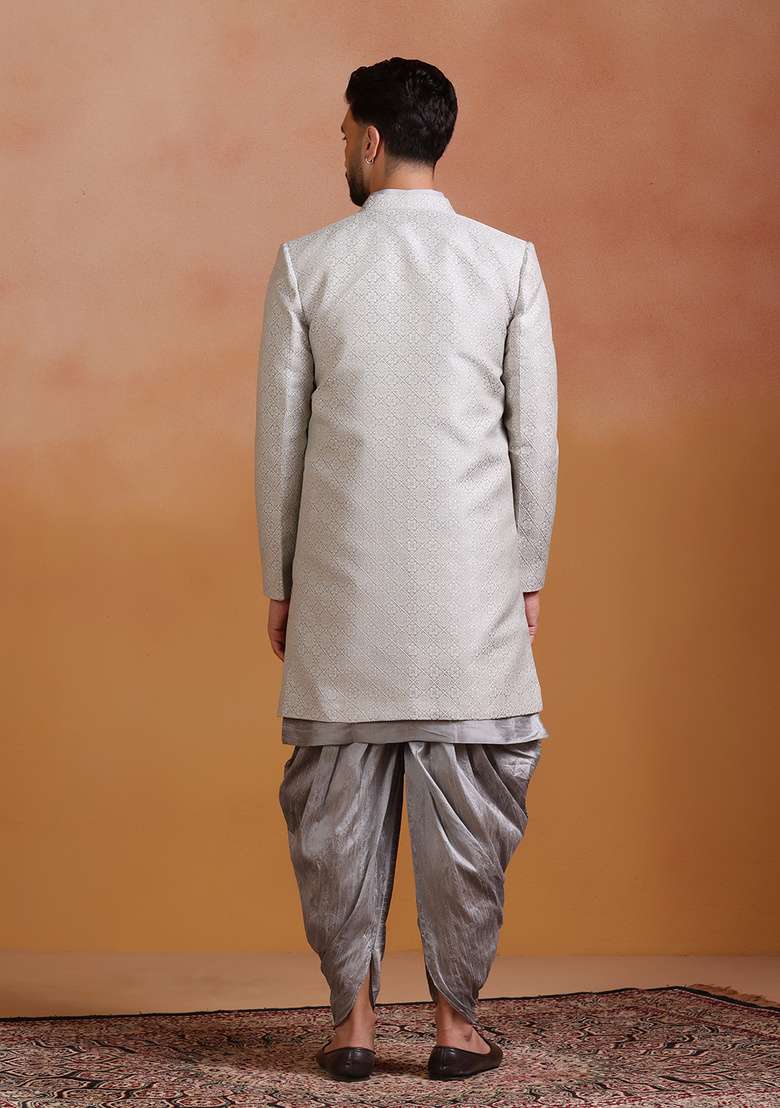 Grey Embroidery Jacquard Sherwani Set For Men - Indya