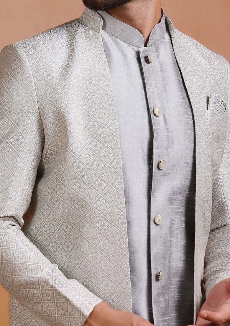 Grey Embroidery Jacquard Sherwani Set For Men - Indya