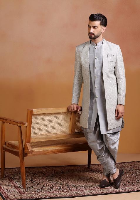 Grey Embroidery Jacquard Sherwani Set For Men