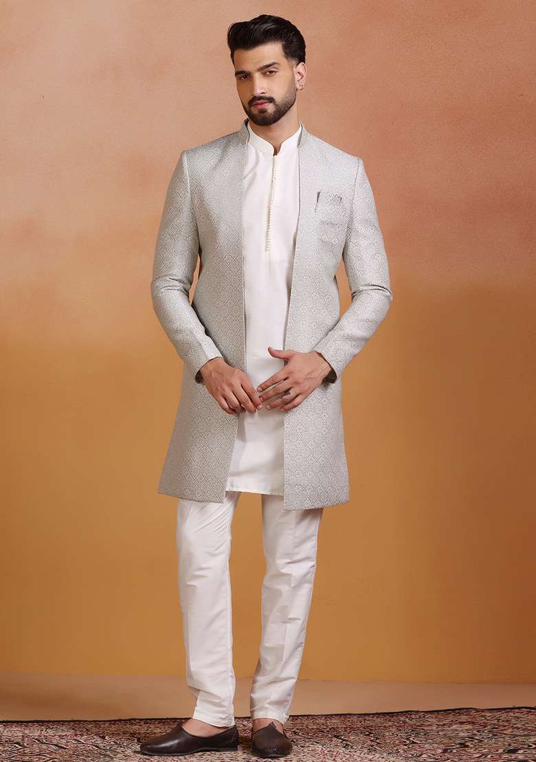 Grey Embroidery Jacquard Sherwani Set For Men - Indya