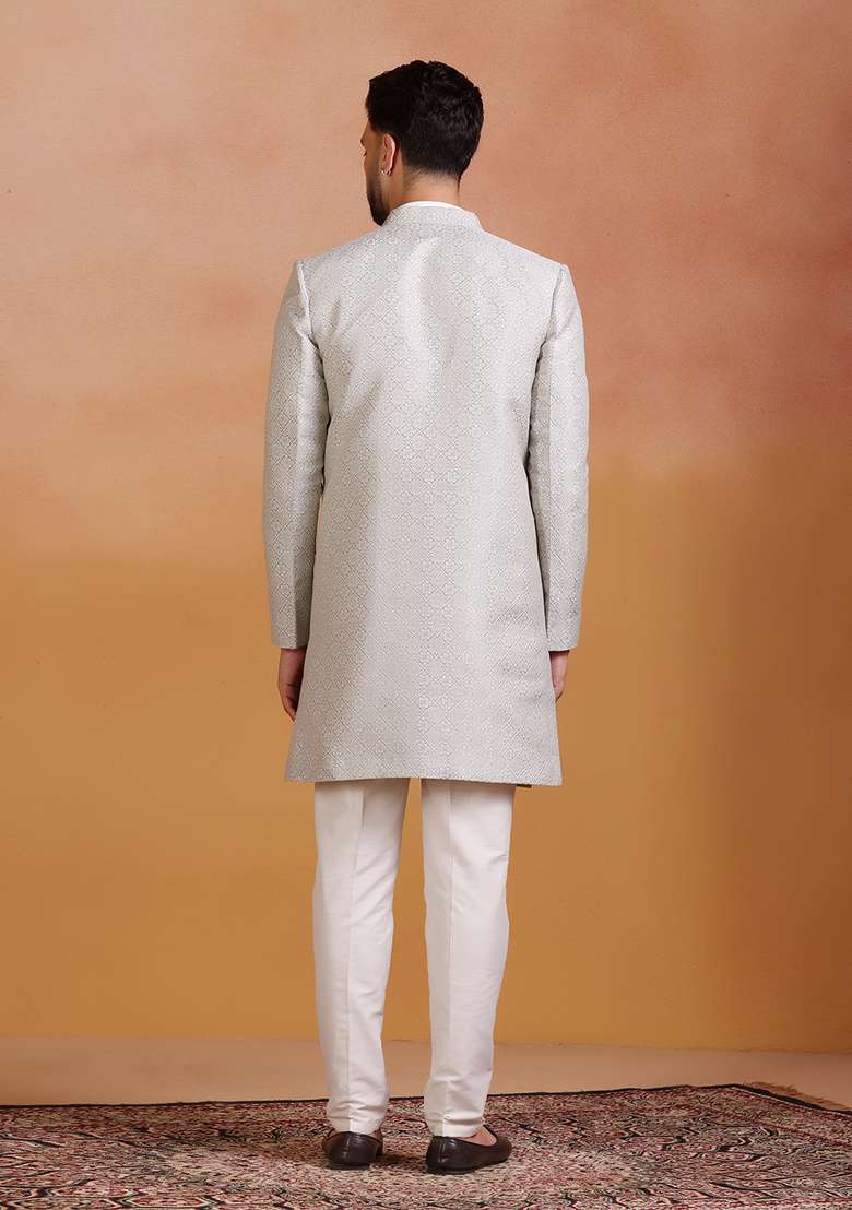 Grey Embroidery Jacquard Sherwani Set For Men - Indya