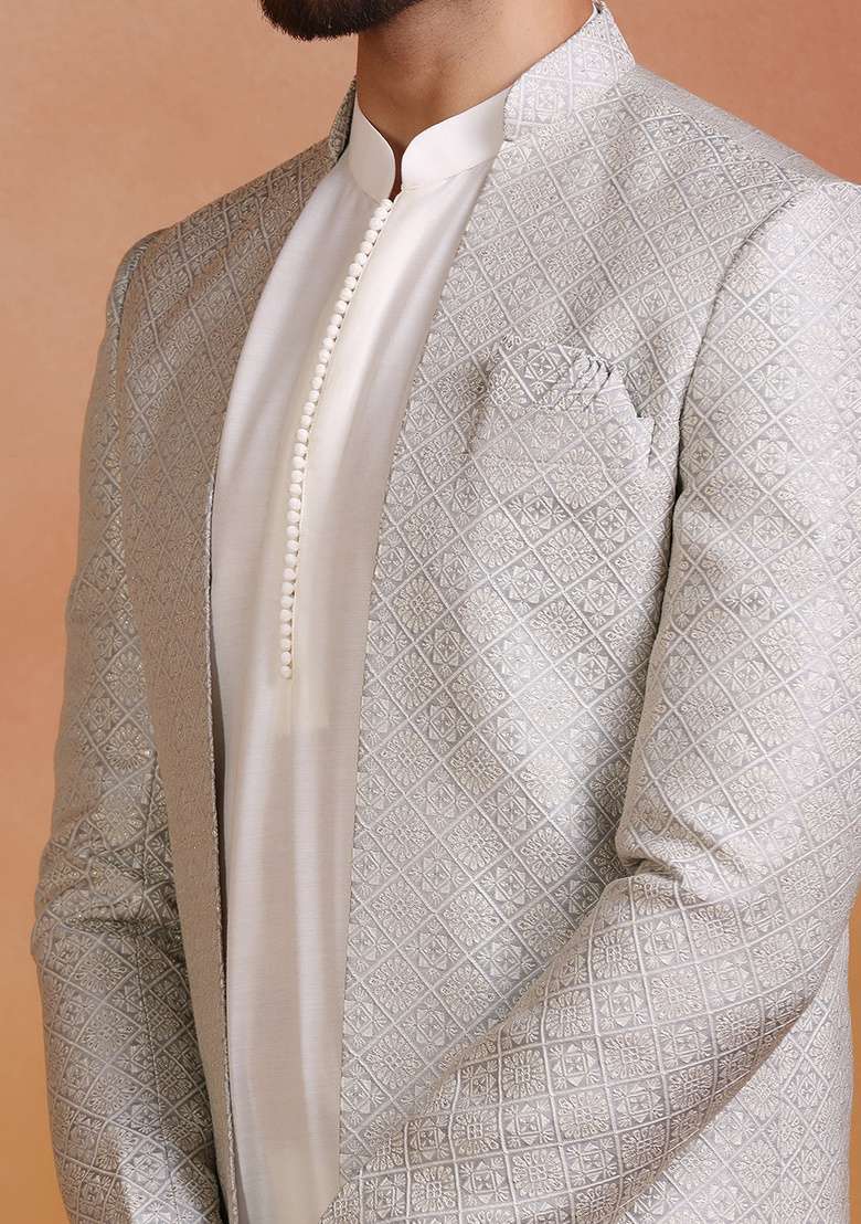 Grey Embroidery Jacquard Sherwani Set For Men - Indya