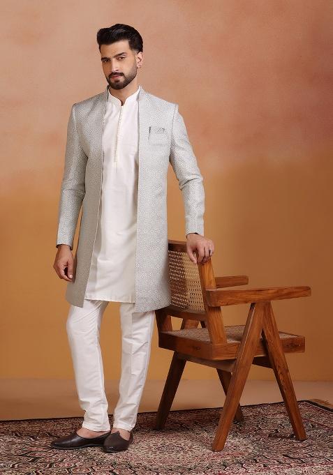 Grey Embroidery Jacquard Sherwani Set For Men