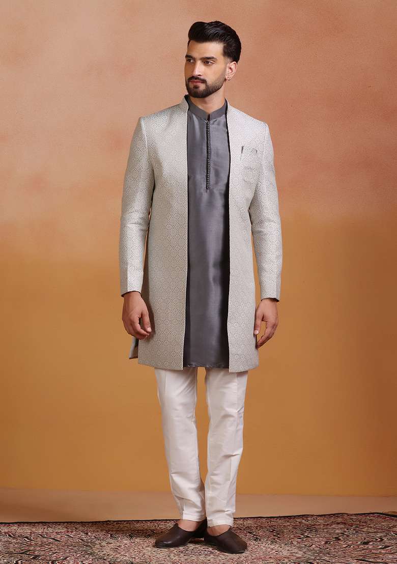 Grey Embroidery Jacquard Sherwani Set For Men - Indya