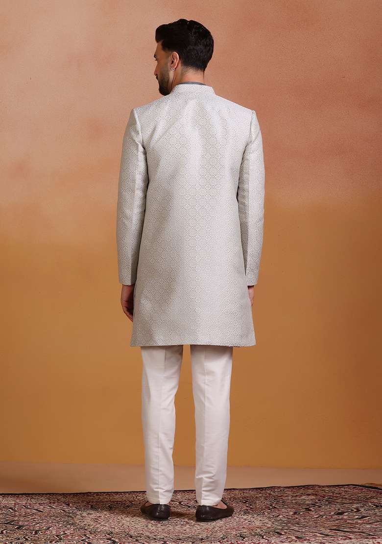 Grey Embroidery Jacquard Sherwani Set For Men - Indya