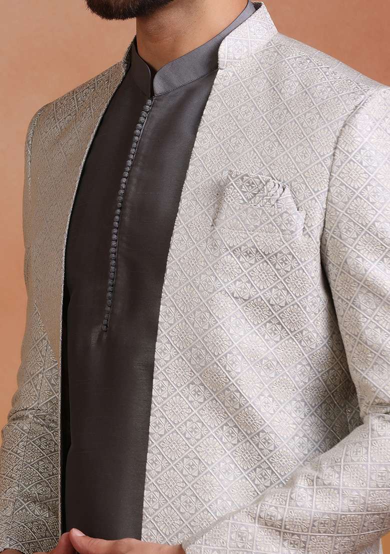 Grey Embroidery Jacquard Sherwani Set For Men - Indya