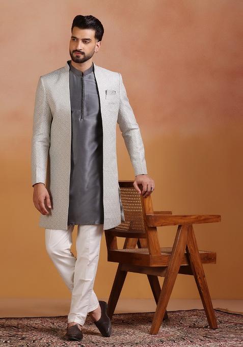 Grey Embroidery Jacquard Sherwani Set For Men