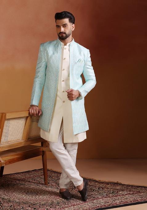 Sky Blue Embroidery Jacquard Sherwani Set For Men