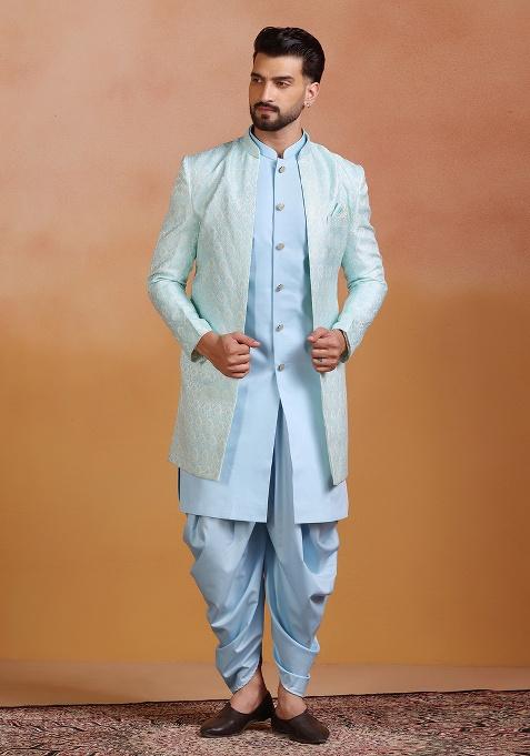 Sky Blue Embroidery Jacquard Sherwani Set For Men