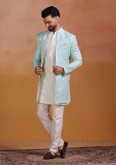 Sky Blue Embroidery Jacquard Sherwani Set For Men