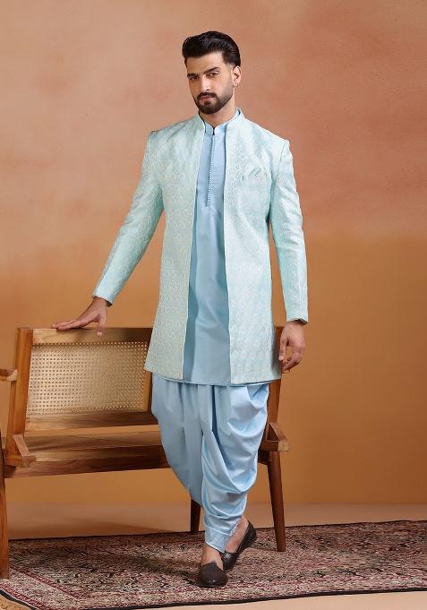 Sky Blue Embroidery Jacquard Sherwani Set For Men